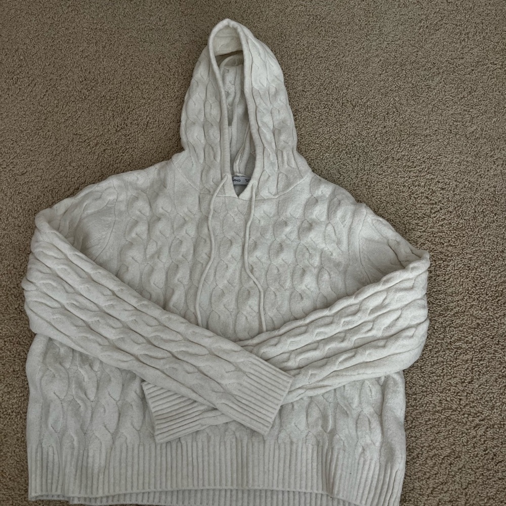 Mango Ivory Cable Knit Hooded Sweater